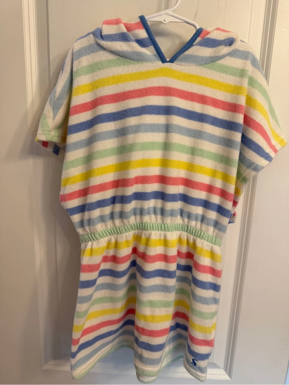 Joules Striped Hooded Terry Cover-Up Dress in Pastel Rainbow